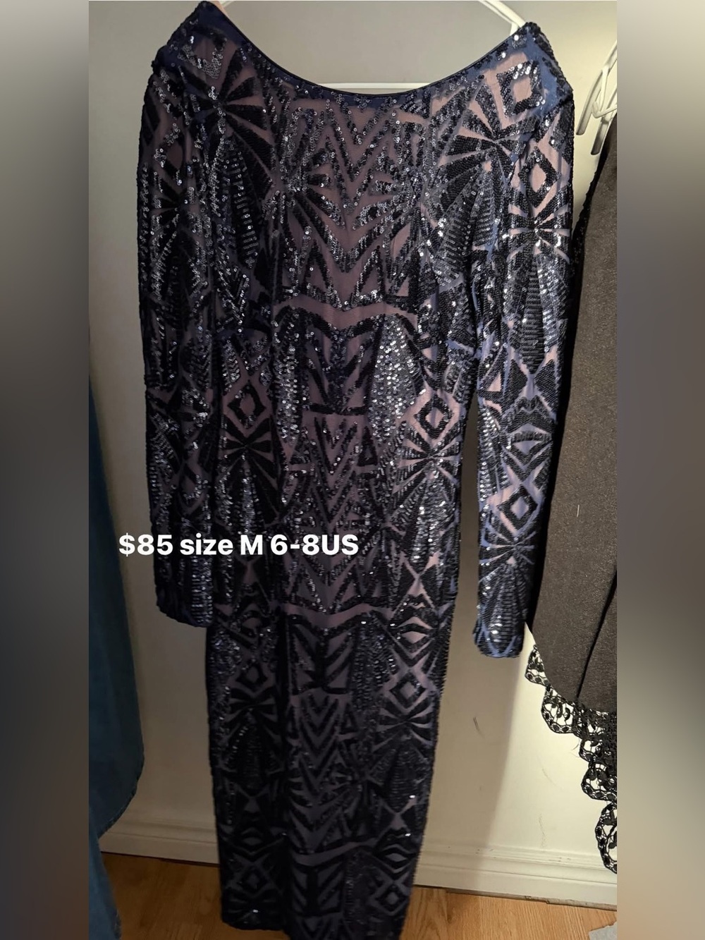 Sequined Navy Long Sleeve Bodycon Dress